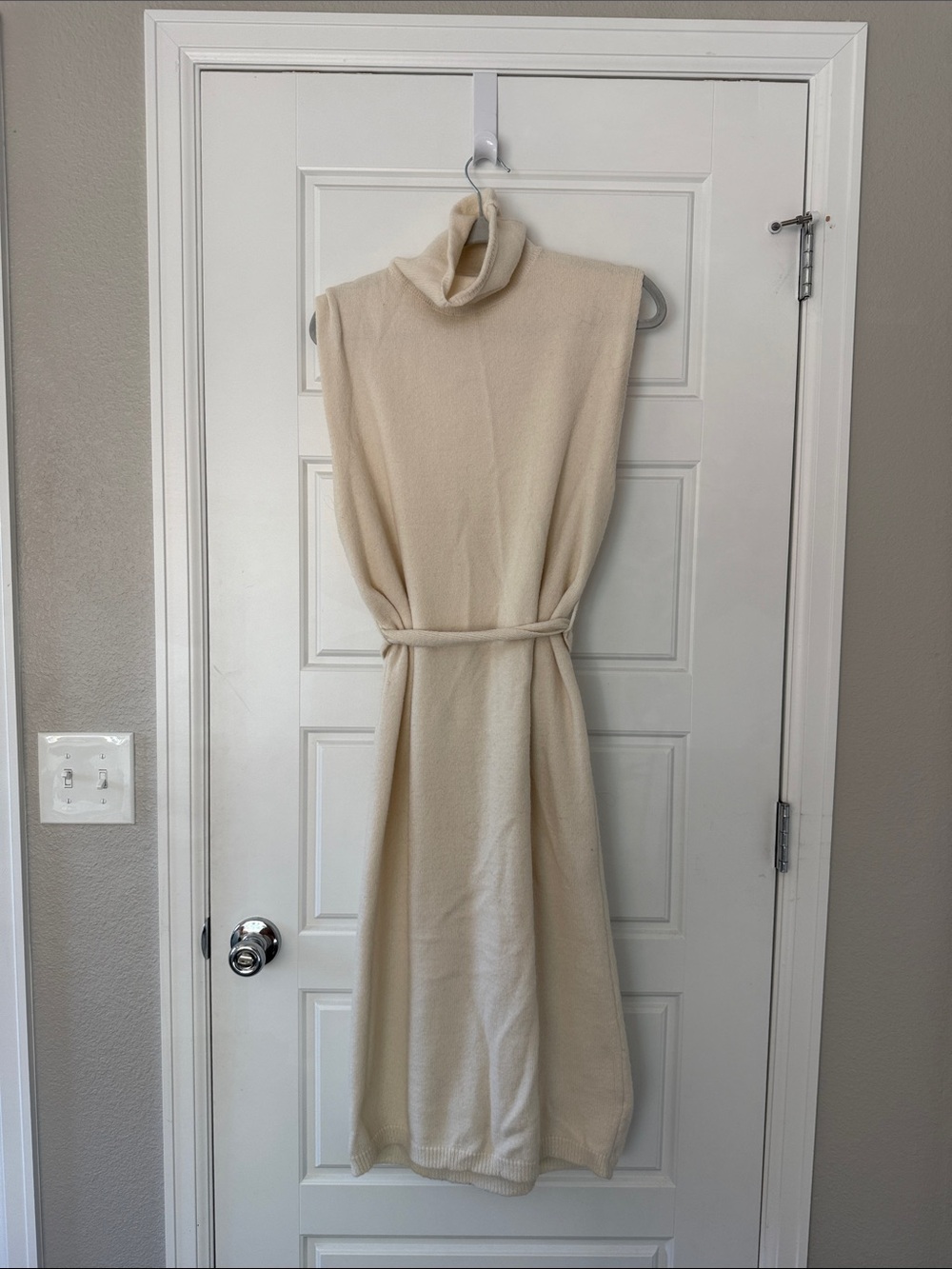 Sleeveless Turtleneck Cream Midi Dress with Belt